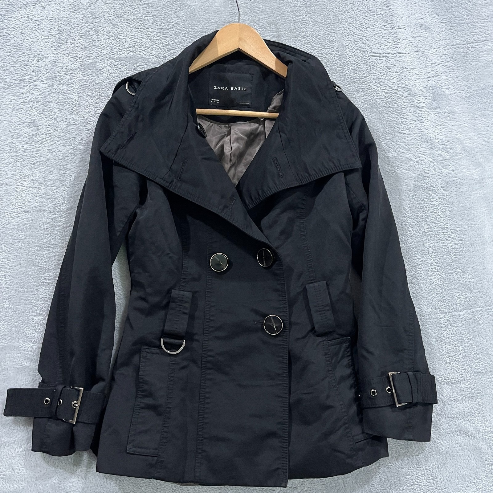 Zara Basic Trench Coat Women's Small Short Buttons Double Breasted Preppy Black
